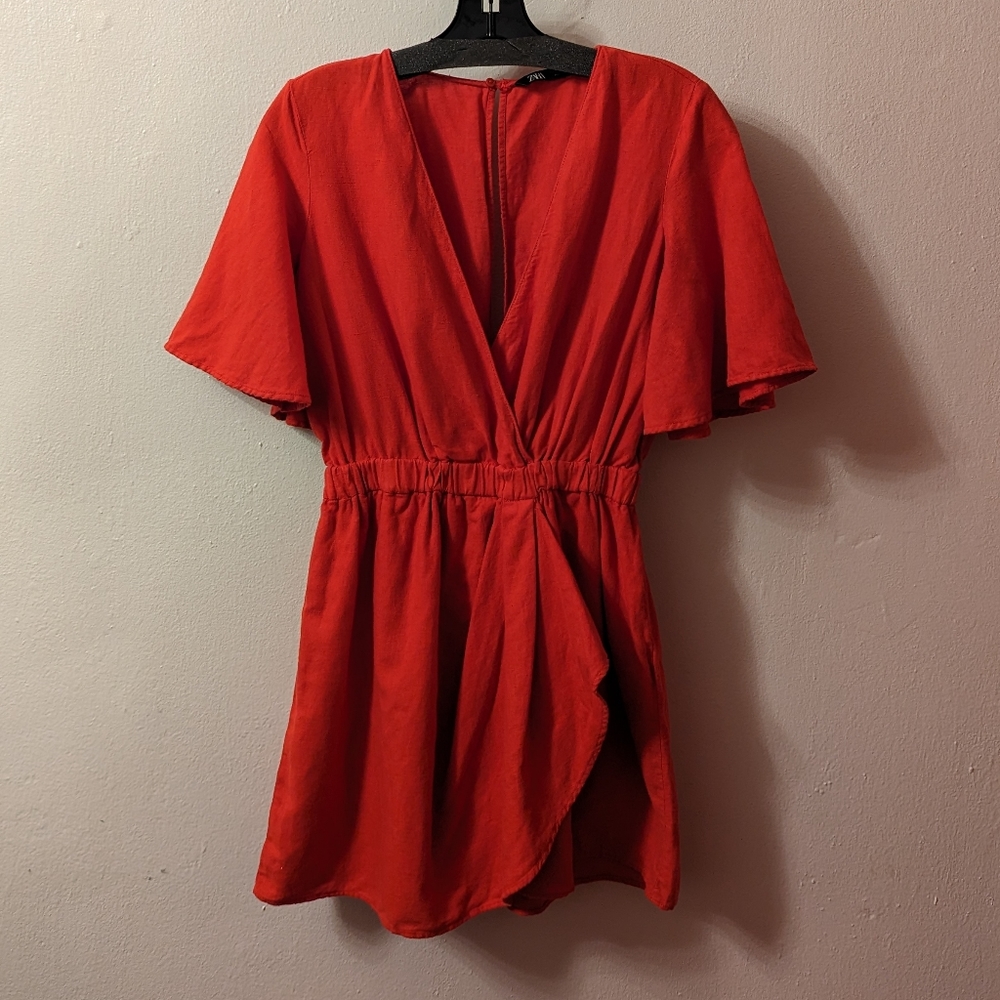 Zara Women Linen Blend Red Romper, Size S